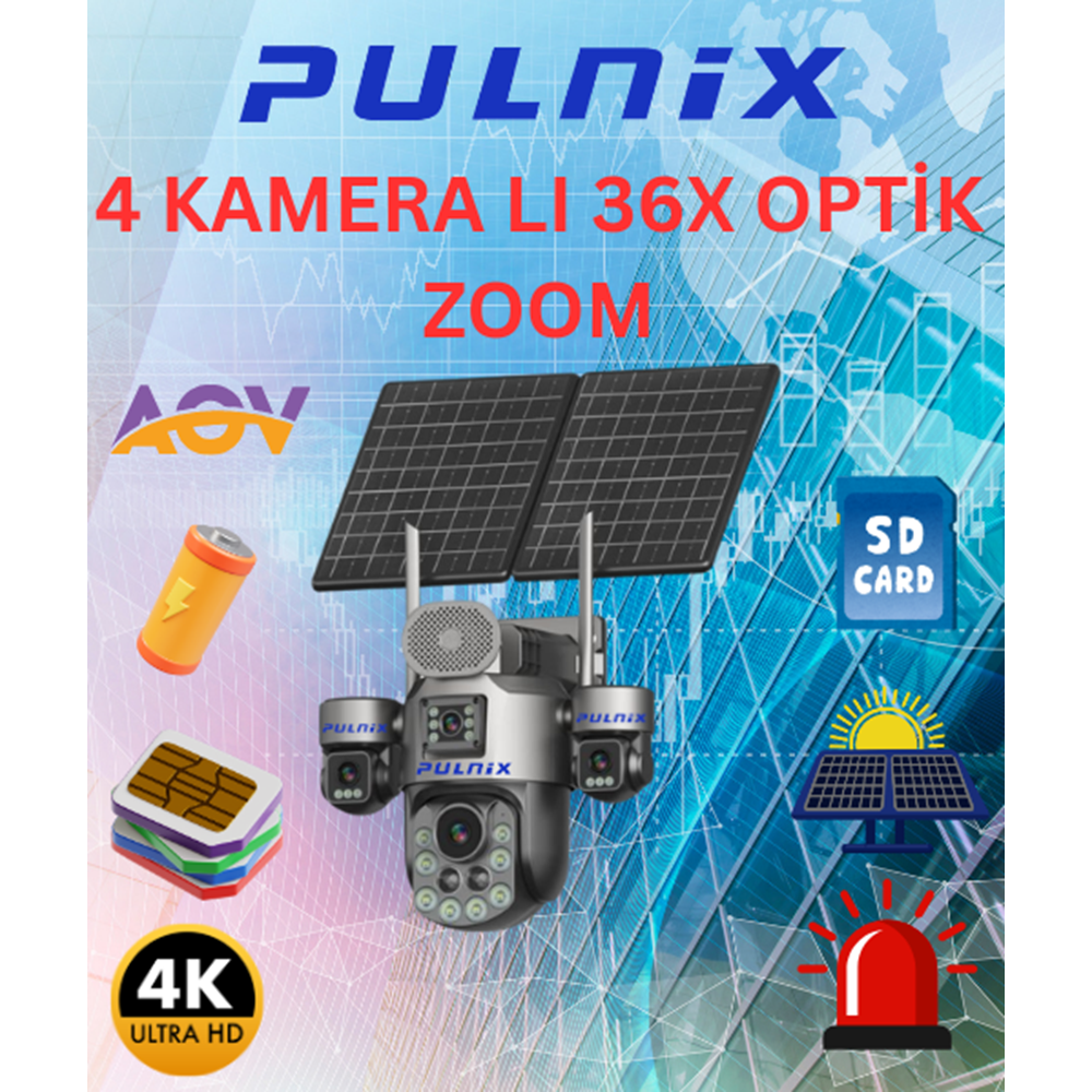 4G 4 KAMERALI SOLAR KAMERA PULNİX PLX-7030 36X AOV 7/24 GÜNEŞ PANELLİ PTZ KAMERA APP HİEASY
