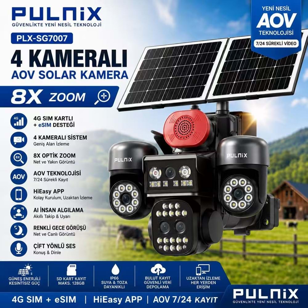 SOLAR 4G KAMERA E-SİM PULNİX PLX-7007 İPC 8X ZOOM 4 KAMERALI 3 PTZ HİEASY