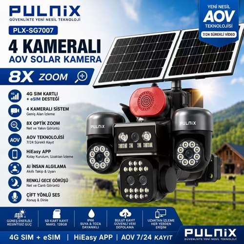 SOLAR 4G KAMERA E-SİM PULNİX PLX-7007 İPC 8X ZOOM 4 KAMERALI 3 PTZ HİEASY