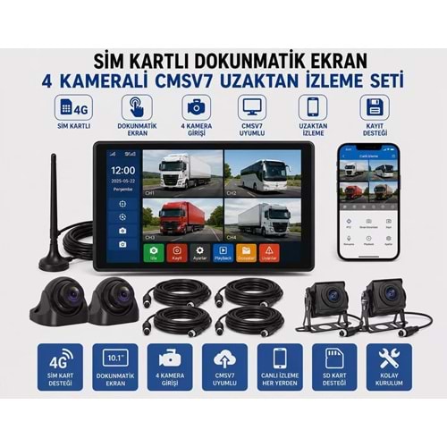ARAÇ MONİTÖR SETİ PULNİX PLX-704 10 İNCH DOKUNMATİK 4G 4 KAMERA VE KABLO
