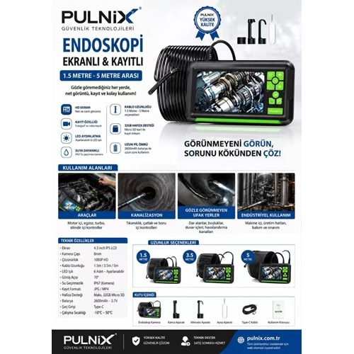 YILAN KAMERA 2 KAMERALI KAYITLI 4.1 İNÇ EKRANLI 10 MT PULNİX PLX-951