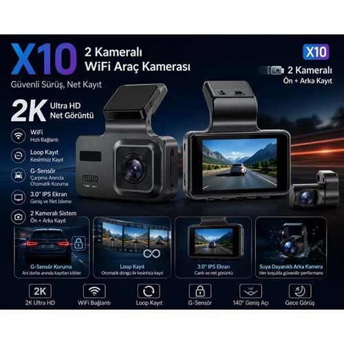 ARAÇ KAMERASI 2K ÇİFT KAMERALI WİFİ GSENSÖR LOOP REC PULNİX X-10