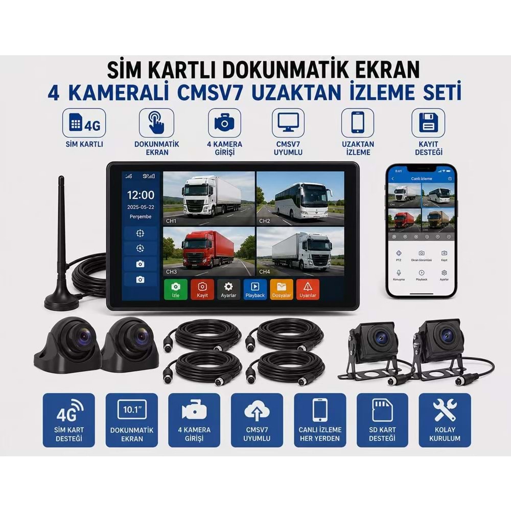 ARAÇ MONİTÖR SETİ PULNİX PLX-704 10 İNCH DOKUNMATİK 4G 4 KAMERA VE KABLO